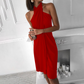 Cécile | Rochie Drapată Elegantă – Guler Înalt Asimetric 