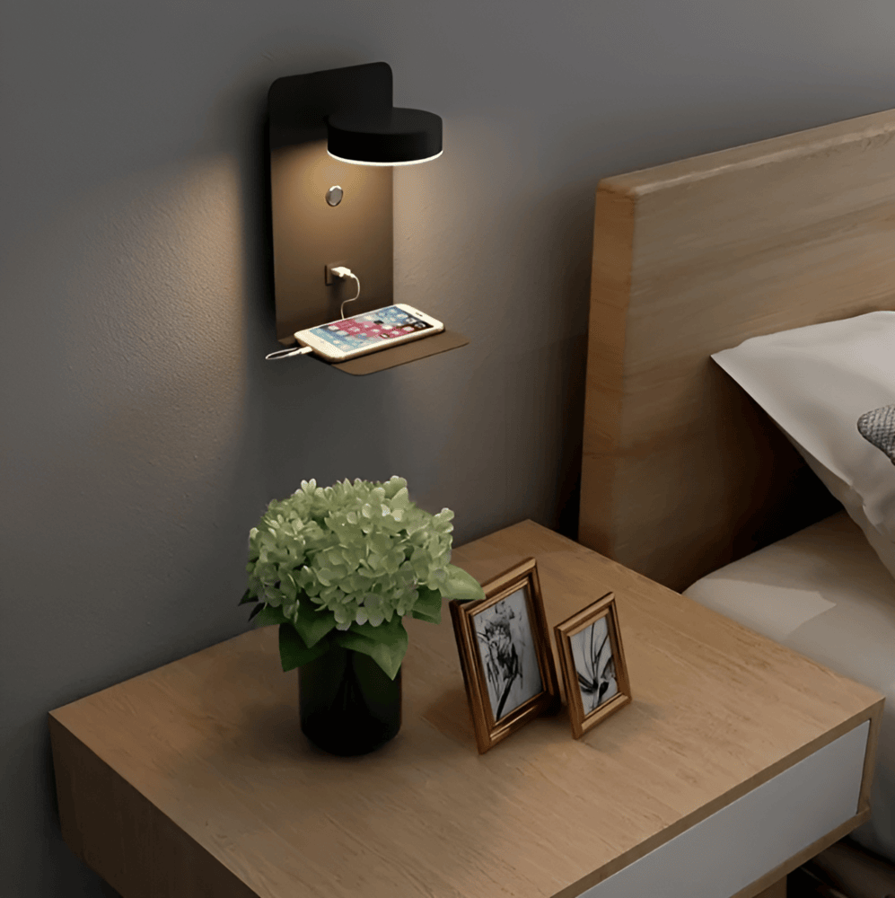 Led-væglampe med hylde og USB-port - moderne design og 2-i-1-funktion